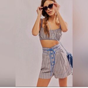 NWT Free People Sunday Stroll Set Grey Blue Striped Crop Top Shorts Size M $148